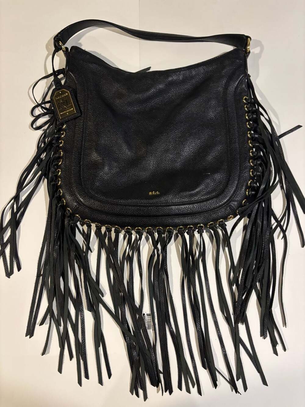 Lauren Ralph Lauren Black Leather Fleetwood Fringe Hobo Bag Purse - Picture 2 of 5